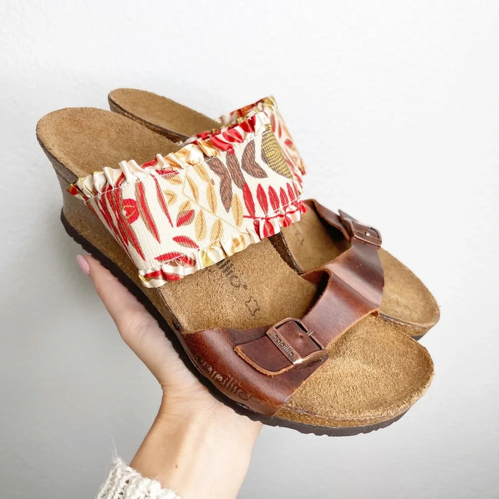 Papillio by Birkenstock Brown Leather Ruffle Fabric Wedge Sandals Womens 38